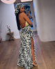 Zebra Print Chiffon Strappy Backless Side Slit Gown