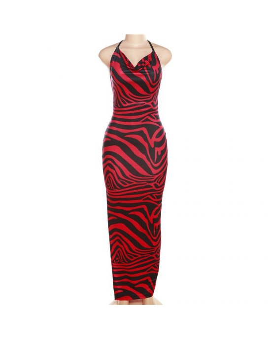 Red And Black Zebra Print Backless Halter High Slit Gown 