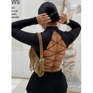 Long Sleeve Criss Cross Back Turtleneck Crop Top Long Sleeve Criss Cross Back Turtleneck Crop Top