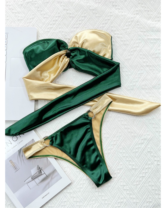 Green & Gold Sweetheart Neckline Tube Top Bikini Set