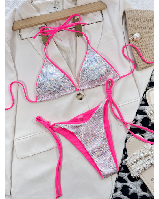 Pink And White Sparkly Glistening Thong Bikini