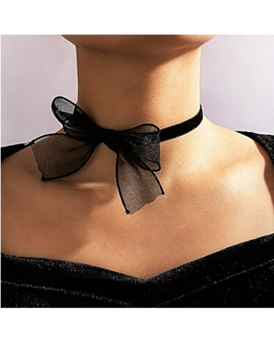 Sexy Black Lace Bow Tie Choker Necklace 