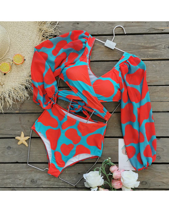 Red And Blue Design Long Sleeve High Waist Beach Bikini