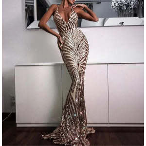 Criss Cross Low Back Sequin Mermaid Gown