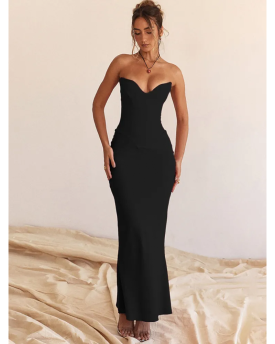 Deep V Corset Tube Top Evening Gown