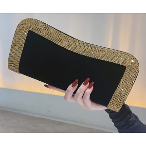 Black Velvet Gold Rhinestone Dress Clutch Purse