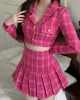 Pink Pleated Two Piece Cropped Top Jacket Skirt Set