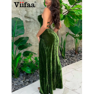 Green Velvety to The Touch Strappy Slit Bodycon Backless Dress Green Velvety to The Touch Strappy Slit Bodycon Backless Dress