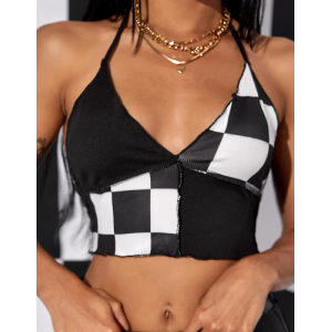 Black And White Checkers Board Halter Crop Top Black And White Checkers Board Halter Crop Top