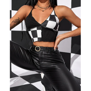 Black And White Checkers Board Halter Crop Top Black And White Checkers Board Halter Crop Top