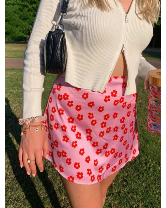 High Waist Satin Floral Mini Skirt With Seamless Built-In Booty Shorts 
