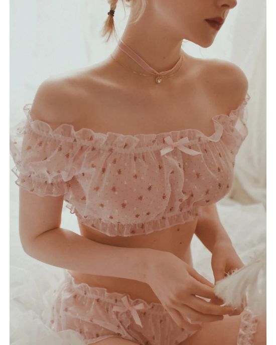 Sheer Underwear Ruffles Off The Shoulder Puff Sleeve Set Sheer Underwear Ruffles Off The Shoulder Puff Sleeve Set