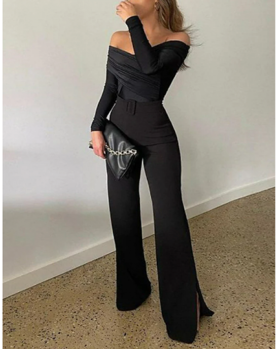 Let's Keep It Tight Slim And Sleek Long Sleeve Chic Off The Shoulder Jumpsuit Look