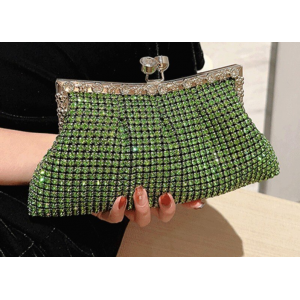 Green Rhinestone Evening Clutch And Chain Purse
