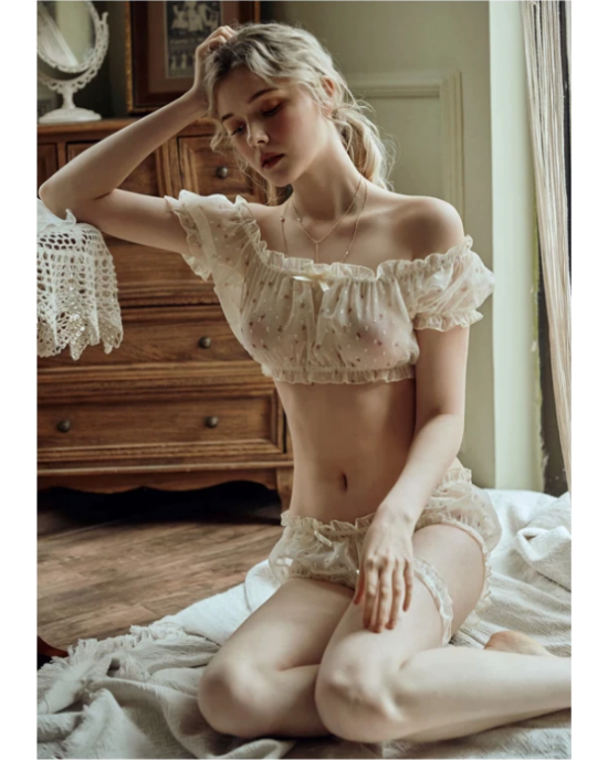 Sheer Underwear Ruffles Off The Shoulder Puff Sleeve Set Sheer Underwear Ruffles Off The Shoulder Puff Sleeve Set