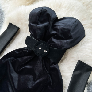 Strapless Backless Black Velvet Slim High Split Evening Party Dress With Gloves Strapless Backless Black Velvet Slim High Split Evening Party Dress With Gloves