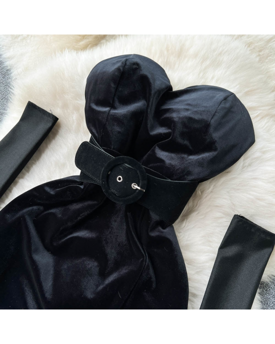 Strapless Backless Black Velvet Slim High Split Evening Party Dress With Gloves