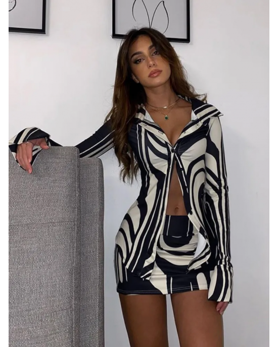 Black And White Two Piece Long Sleeve Mini Skirt Set