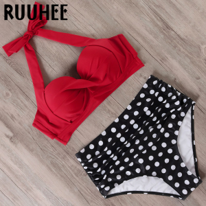 Red Halter Neck Black And White Polka Dot Bikini Red Halter Neck Black And White Polka Dot Bikini