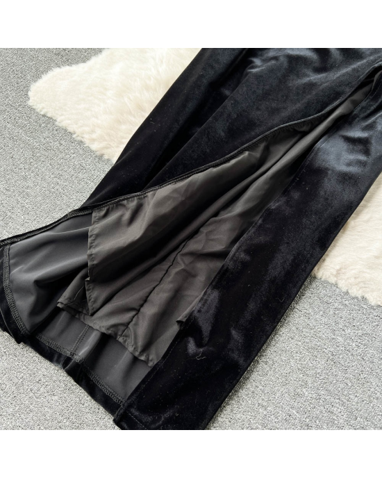 Strapless Backless Black Velvet Slim High Split Evening Party Dress With Gloves