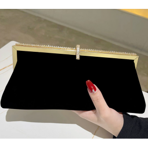 Black Velvet Gold Trim Staccato Rhinestone Clutch Purse