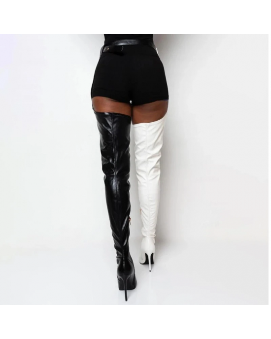 Knee High Black And White Stiletto High Heel Boots