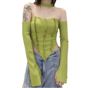 Halter Neck Off The Shoulder Corset Long Sleeve Crop Top Halter Neck Off The Shoulder Corset Long Sleeve Crop Top