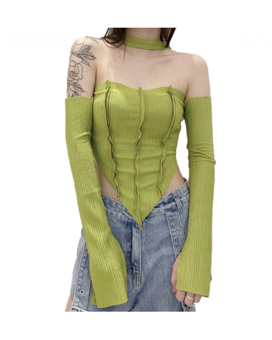 Halter Neck Off The Shoulder Corset Long Sleeve Crop Top Halter Neck Off The Shoulder Corset Long Sleeve Crop Top