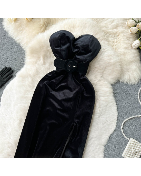 Strapless Backless Black Velvet Slim High Split Evening Party Dress With Gloves