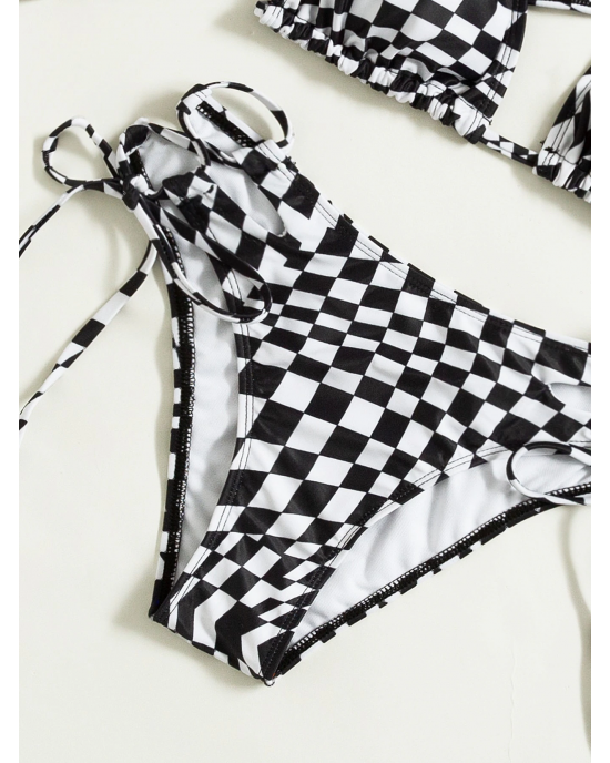 3 Piece Black & White Racer Checkered Swimsuit Set