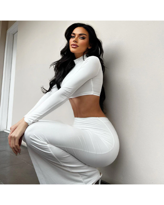 White Skirt Mock Neck Long Sleeve Two Piece Set