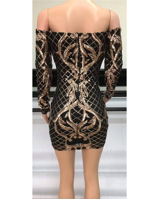 Long Sleeve Bodycon Sequin Off The Shoulder Mini Dress