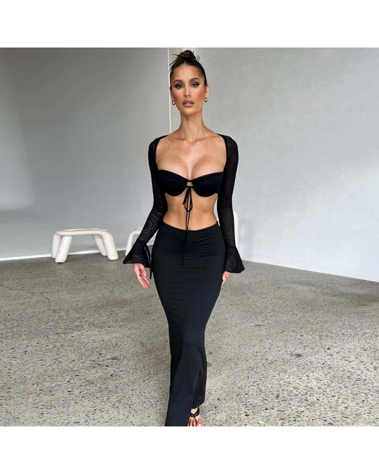 Stunning Skin Tight Two Piece Backless Long Skirt Set 