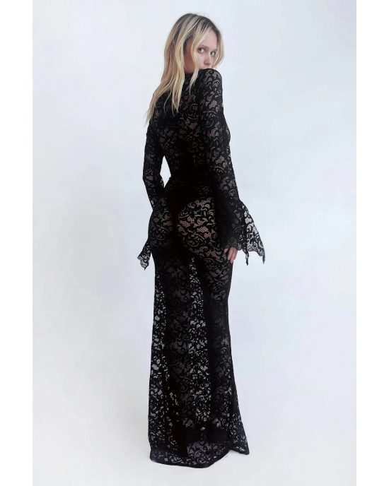 Lace See Through V-Neck Long Sleeve Lingerie Gown