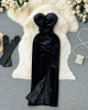 Strapless Backless Black Velvet Slim High Split Evening Party Dress With Gloves