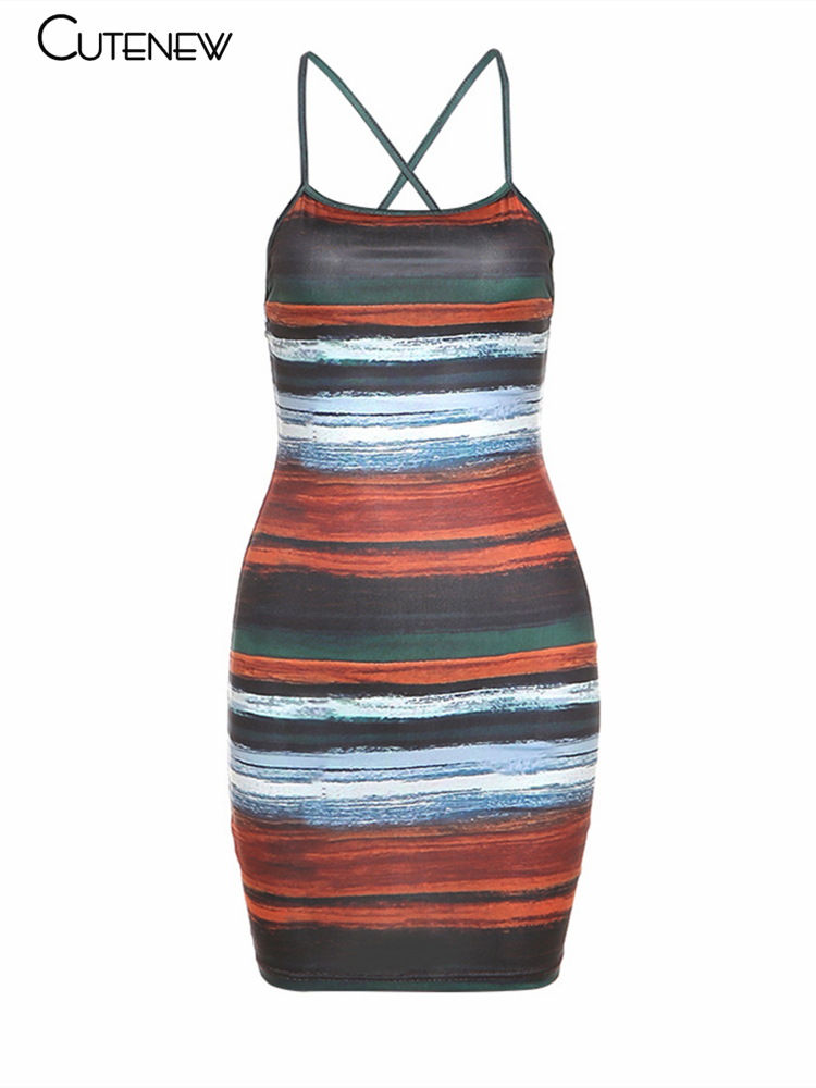 Cutenew-Y2K-Striped-Print-Patchwork-Backless-Bodycon-Strap-Mini-Dress-Summer-Cas