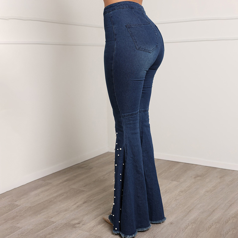 Fashion-Women-Solid-Beading-Flared-Jeans-Autumn-Winter-Lady39s-High-Waist-Single