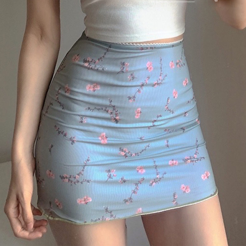 Floral-Print-Mesh-High-Waist-Mini-Skirt-vintage-skirt-premium-pastel-Ladies-Lace
