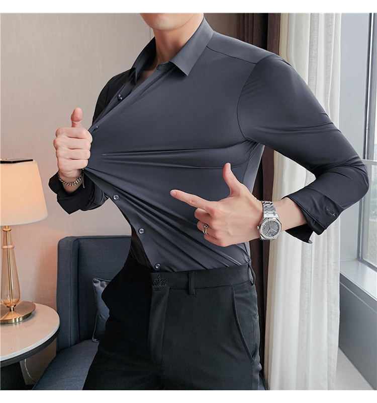 High-Elasticity-Seamless-Men39s-Shirt-Long-Sleeve-Slim-Casual-Shirt-Solid-Color-