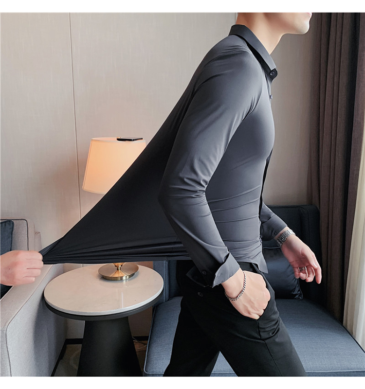 High-Elasticity-Seamless-Men39s-Shirt-Long-Sleeve-Slim-Casual-Shirt-Solid-Color-