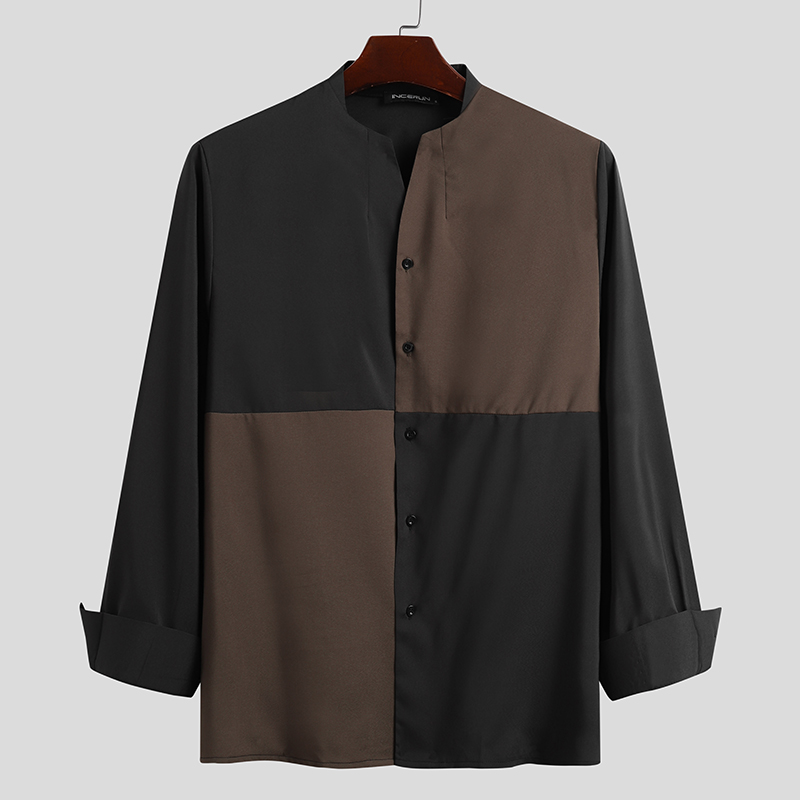 INCERUN-Patchwork-Shirts-Men-Long-Sleeve-V-Neck-Camisa-Color-Stitching-Blusas-Lo