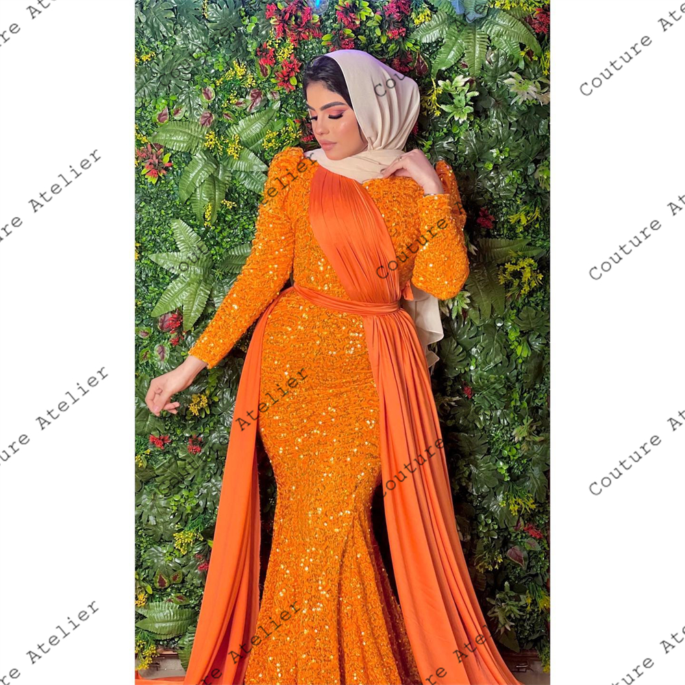 Orange-Muslim-Evening-Dress-Long-Sleeves-Turkey-Sequin-Party-Dresses-Mermaid-For