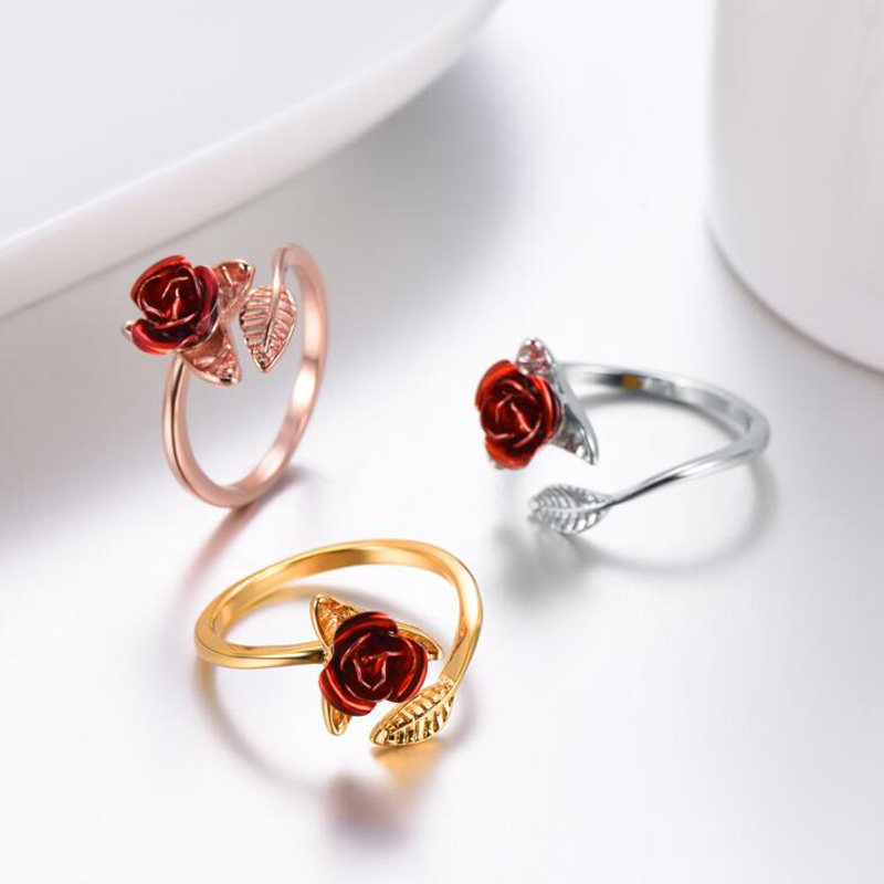 Red-Rose-Flower-Leaves-Opening-Ring-For-Women-Rhinestone-Flowers-Adjustable-Fing