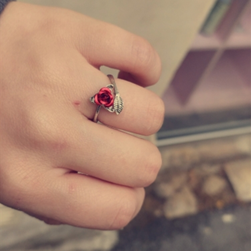 Red-Rose-Flower-Leaves-Opening-Ring-For-Women-Rhinestone-Flowers-Adjustable-Fing