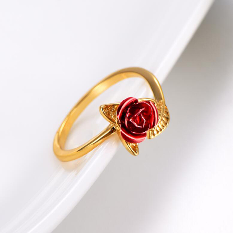 Red-Rose-Flower-Leaves-Opening-Ring-For-Women-Rhinestone-Flowers-Adjustable-Fing