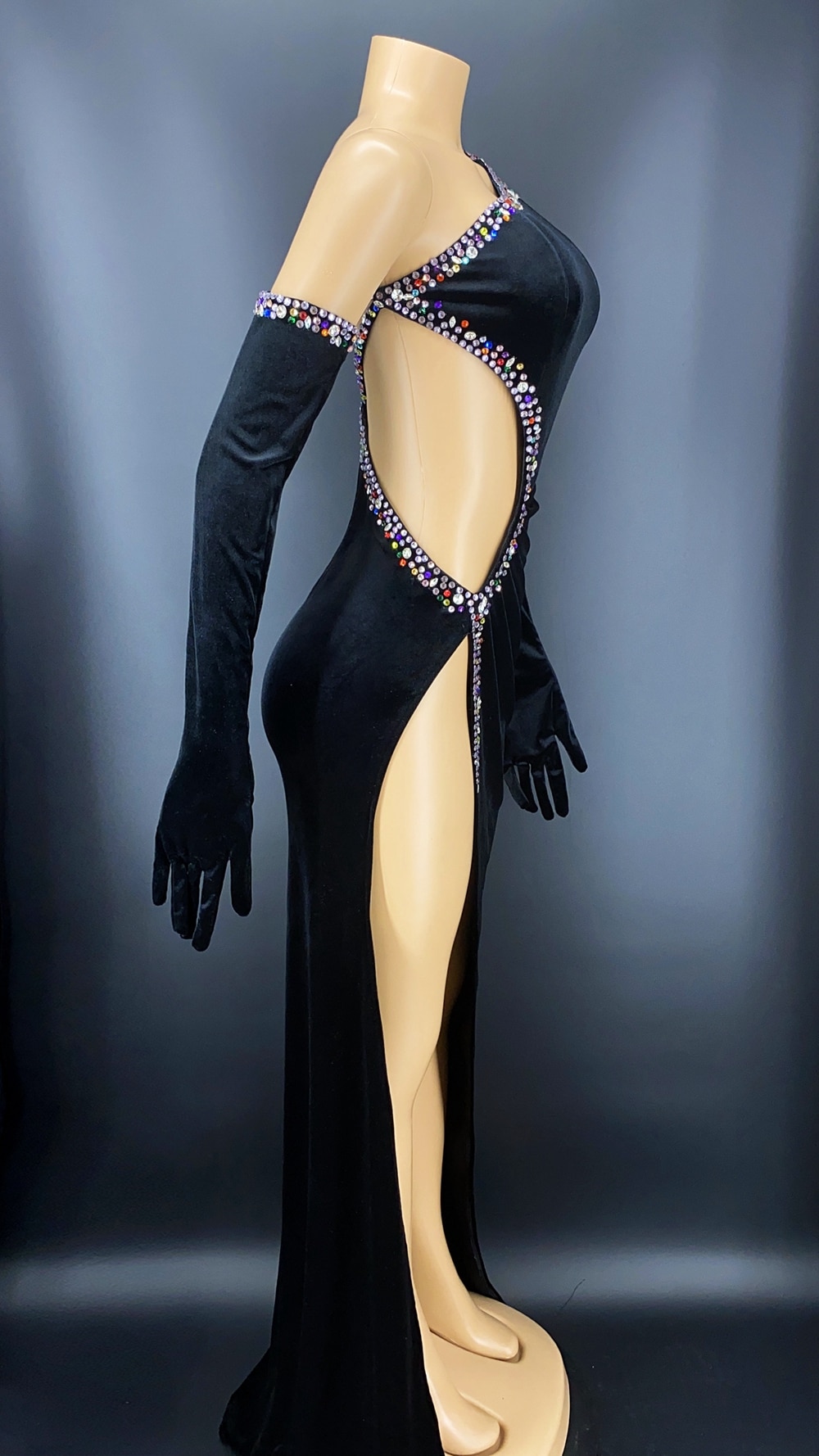 Sexy-Black-Velvet-Hollow-High-Split-Long-Winter-Dress-Gloves-Set-Women-Birthday-
