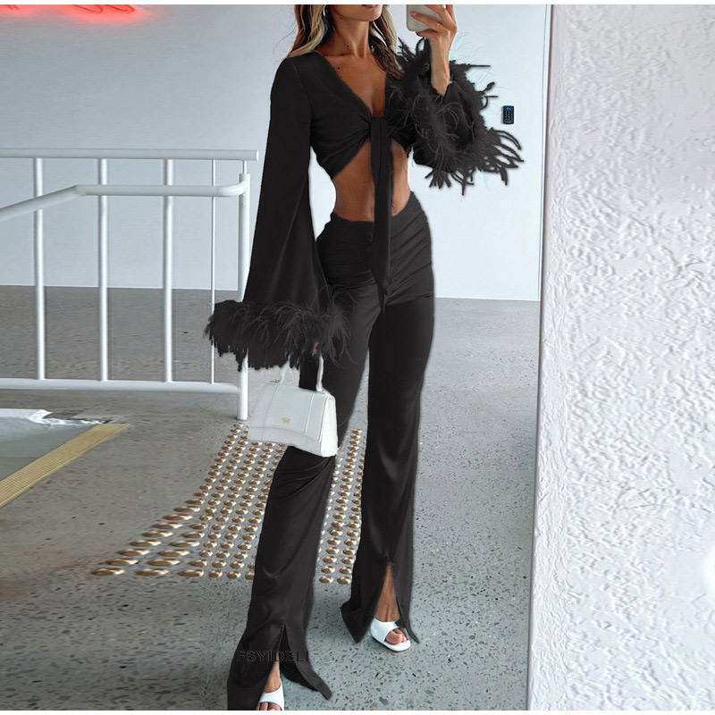 Sexy-Feather-Crop-Tops-And-Split-Trousers-Two-Piece-Sets-Women-Fashion-Flare-Lon