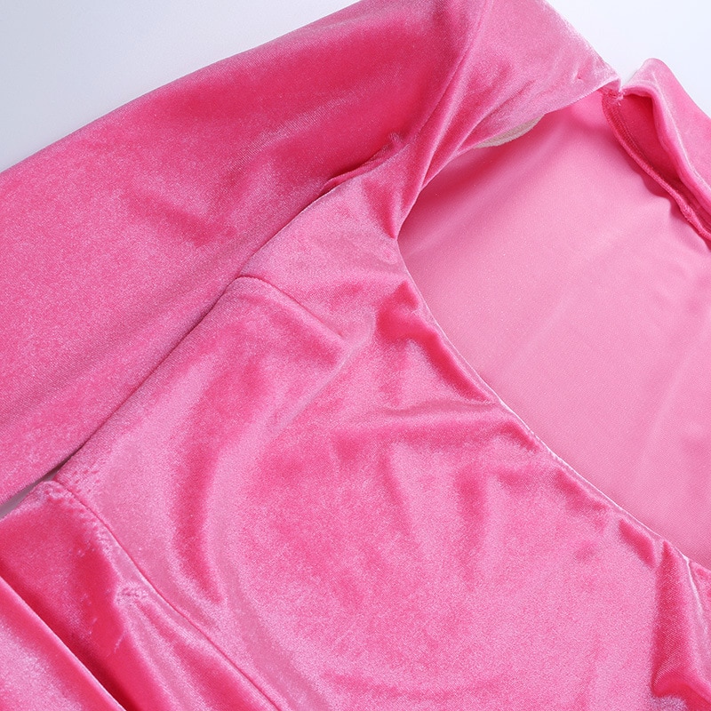 Shestyle-Pink-Women-Dresses-Velvet-Shoulder-Padded-Halter-Square-Neck-Elegant-Vi